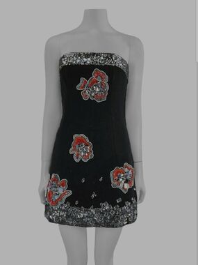 French Connection Black Strapless Mini Dress with Red Floral Embellishments
